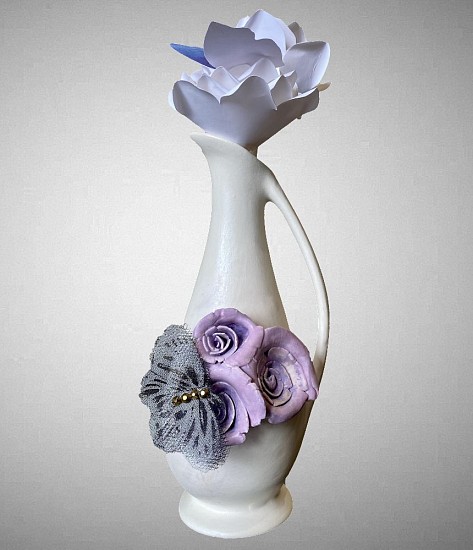 Nicole &amp; Aztrid Moan, WHITE VASE WITH PURPLE ROSES AND CHIFFON BLOCK PRINT BUTTERFLY
Porcelain clay, underglaze, glaze, chiffon block print butterfly, rhinestones, 7 x 3 in. (17.8 x 7.6 cm)
NAMOAN012
$45
Gallery staff will contact you 72 hours after purchase regarding any additional shipping costs.